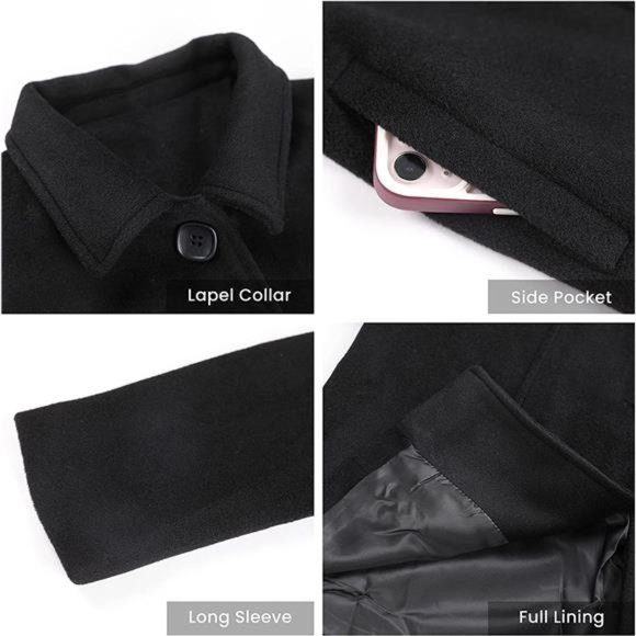 Women's Wool Peacoat Notched Collar Single Breasted Winter Mid-Long Overcoat - Picture 6 of 7